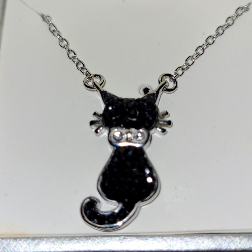 Black Spinel and White Crystal Sitting Cat Necklace in Fine Silver